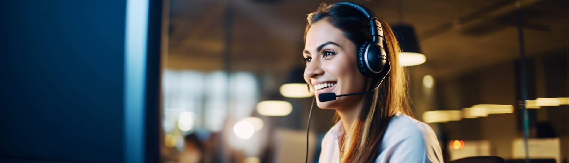 Lachende brünette Frau mit Headset vor einem Computer im Sales Call