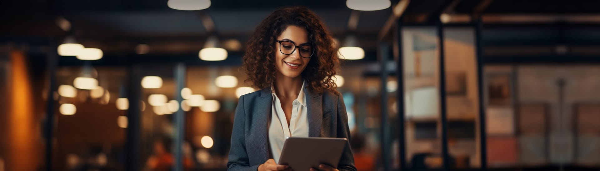 Eine junge Frau im Customer Support mit braunen Locken trägt eine Brille und einen professionellen Anzug während sie im Büro steht und auf ein iPad oder Touchpad runterlächelt